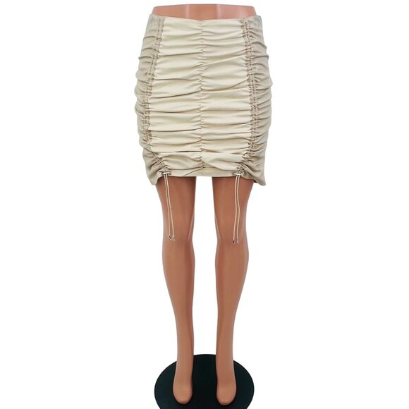 maniere de voir Beige Cream Ruched Vegan Leather Mini Skirt - Picture 3 of 16